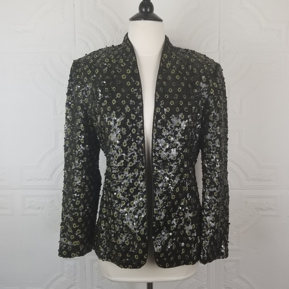 Black Sequin Beaded Evening Jacket Sequin Cocktail Blazer Gold Flower Accents S - Picture 2 of 9